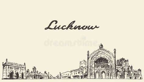 Lucknow Drawing, Lucknow Illustration, Lucknow Painting, Skyline Sketch, Shape Language, Engraved Illustration, Caricature Wedding, City Sketch, Skyline Painting