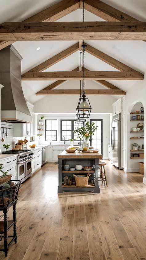 Discover the perfect balance of modern and farmhouse in your kitchen 🪵🤍 From shiplap walls to quartz countertops, create a timeless yet stylish look Farmhouse Open Floor Plan Decor, Rustic Modern House Interior, Farmhouse Barndominium Kitchen, Modern Timeless Kitchen Design, Home Decor Farmhouse Modern, Modern Farmhouse Interior Trim, Kitchen With Island Farmhouse, Dream House Farmhouse Interior, Modern Country Style Kitchen