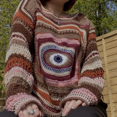 Evil Eye Crochet Sweater Pattern, Eye Sweater Crochet Pattern, Witch Ootd, Crochet Eyeball Sweater, Crochet Eye Square, Crochet Eye Sweater, Evil Eye Crochet Top, Eye Crochet Top, Eye Sweater