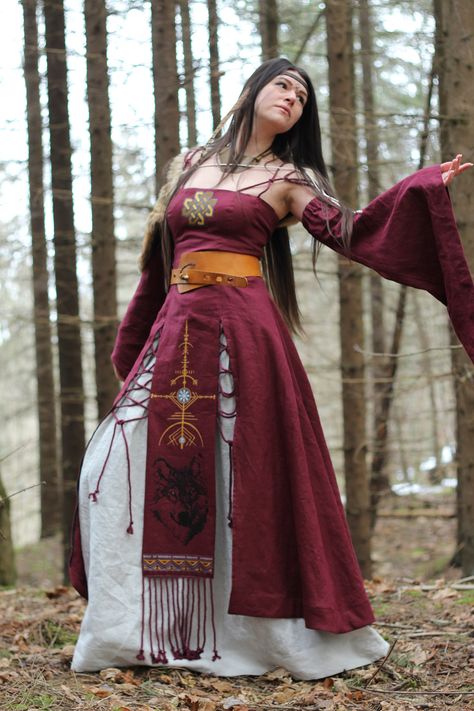 Vikings Dress Woman, Viking Dress Woman Medieval, Viking Maiden, Pagan Dress, Norse Dress, Red Viking Wedding Dress, Viking Wedding Dress Traditional, Nordic Dress, Viking Underdress