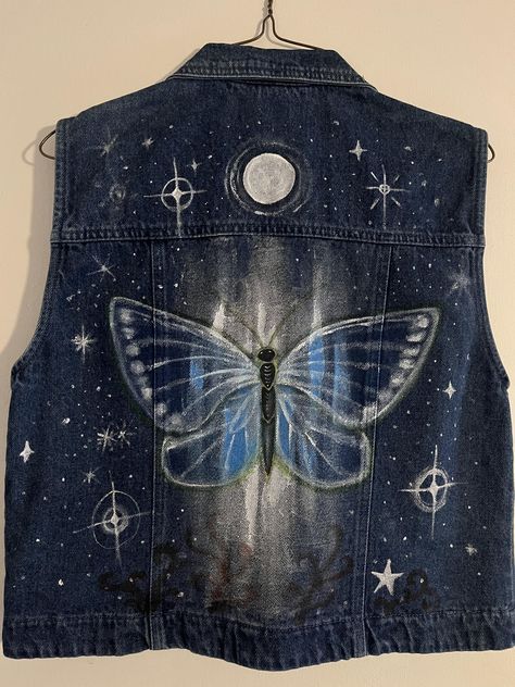 Hand Painted Denim Vest - Moon Moth Painted Denim Vest, Jacket Painting, Painting Moon, Hand Painted Denim, Vintage Denim Vest, Moon Moth, Painted Jacket, Painted Denim, Hand Painting Art