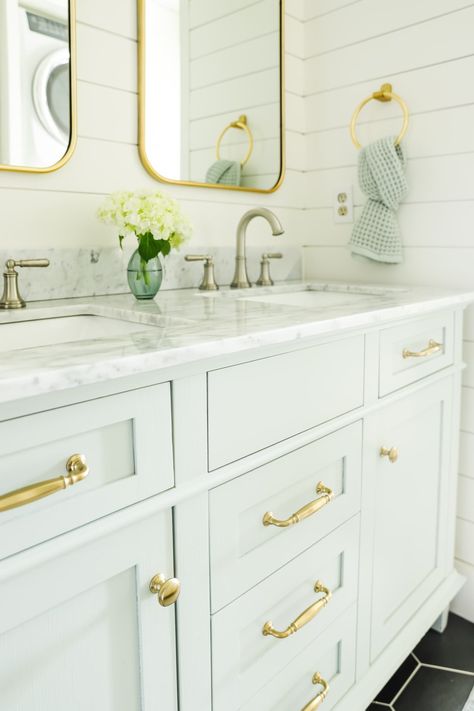 Blue vanity bathroom ideas: Kids’ bath mini update Blue Vanity Bathroom Ideas, Blue Vanity Bathroom, Coastal Blue Paint, Quiet Moments Benjamin Moore, Vanity Bathroom Ideas, Powder Bathroom Ideas, Best Bathroom Paint Colors, Small Bathroom Remodel Ideas, Mini Bathroom