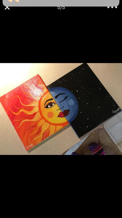 Sun & moon painting acrylic painting Sun Moon Painting, Moon Painting Acrylic, Acrylic Moon, Black Canvas Paintings, Small Canvas Paintings, Hippie Painting, Simple Canvas Paintings, Cute Canvas Paintings, Easy Canvas Art