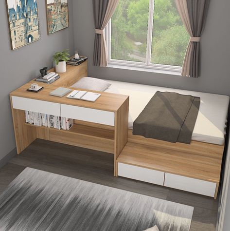 Bed And Desk, Wood Panel Bed, Small Bedroom Interior, Living Room Ceiling Wallpaper, Small Room Design Bedroom, Small Room Design, Bed Desk, Affordable Home Decor, Teen Room