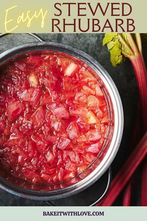 Best stewed rhubarb simmered to sweet perfection in stainless steel pot.