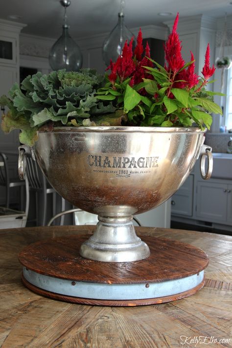 Get creative with your planters - this champagne bucket from HomeGoods makes a fun fall planter kellyelko.com sponsored pin Champagne Bucket Centerpiece, Champagne Bucket Decor, Bucket Centerpiece, Bucket Decor, Wine Bucket, Ivy Plants, Fall Planters, Silver Bowl, Champagne Buckets