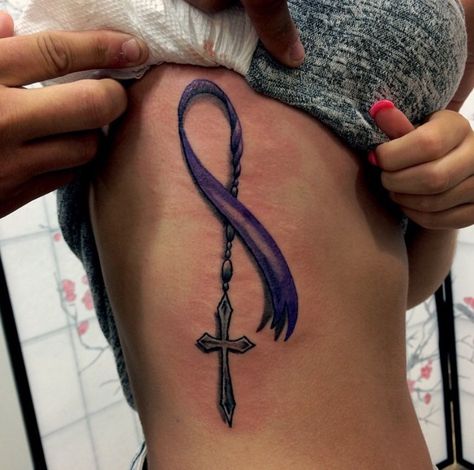 Rosary. Purple. Ribbon. #LoveYouMom Purple Ribbon Tattoos, Fearless Tattoo, Pink Ribbon Tattoos, Brain Tattoo, Tiny Wrist Tattoos, Mom Tattoo Designs, Ribbon Tattoos, Makeup Tattoos, Baby Tattoos