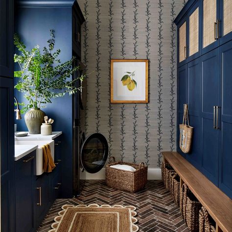 The Expert - This Maryland “Fun House” Has it All—Climbing Wall and Multi-Story Slide Included Mud Room Laundry Room Combo, Laundry Room Ideas Small Space, Navy Blue Design, Calming Spaces, Laundry Room Inspiration, Herringbone Floor, Glazed Tiles, Custom Shades, Laundry Mud Room