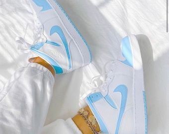 Air Jordan 1 White, Custom Air Jordan 1, Blue Sneakers, Air Jordan 1 Mid, Jordan 1 Mid, Air Jordan 1, Jordan 1, Baby Blue, Air Jordan