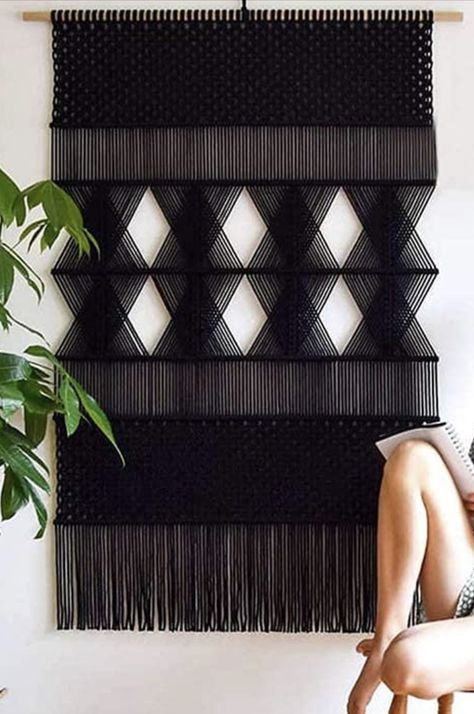 Masculine Macrame, Macrame Black, Geometric Macrame, Woven Furniture Design, Black Macrame Wall Hanging, Jute Macrame, Black Wall Decor, Black Macrame, Macrame Curtain