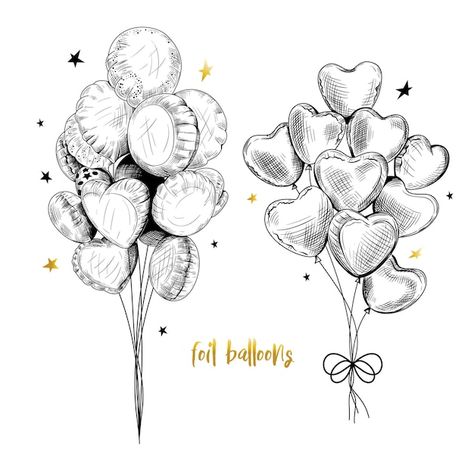 Vector ink foil balloons | Premium Vector #Freepik #vector #balloon #abstract-heart #party-balloons #balloon-decoration Ballon Drawings, Foil Balloon Drawing, Spring Tattoos, Ballon Drawing, How To Draw Balloons, Balloon Drawing, Reverse Coloring, Black And White Balloons, Cute Matching Tattoos