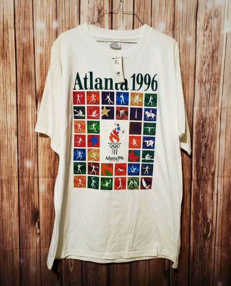 VINTAGE DEADSTOCK CHAMPION 1996 Atlanta Games Summer Olympics Shirt Mens Xl - $29.99 | PicClick Vintage Olympics Shirt, School Merch, Olympics Graphics, Marathon Tee, Basketball Tee Shirts, 1996 Olympics, Atlanta Olympics, State Of Georgia, Vintage Logos