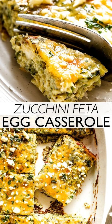 Savory, healthy Zucchini Egg Casserole is the perfect easy breakfast, light lunch, brunch, or vegetarian dinner! This casserole is a delicious blend of fresh veggies, whole eggs, feta cheese, and fragrant herbs. Feta Egg Casserole, Healthy Vegetarian Casserole, Zucchini Egg Bake, Eggs Feta, Zucchini Egg, Zucchini Breakfast, Baking Recipes Healthy, Eggs Dinner, Zucchini Feta