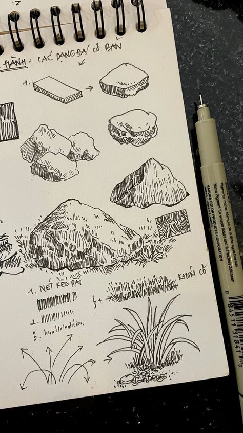 #drawing #art #howtodraw #flowers #sketchbook #sketch #rockpainting Texture Study Drawing, Dirt Path Drawing, Boulder Sketch, How To Draw Foliage, Scenery Sketch Landscapes, Nature Drawing Tutorial, Texture Drawing Pencil, Sketching Textures, Environmental Sketch