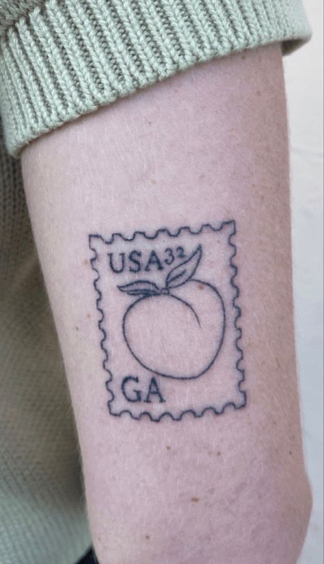 postage stamp tattoo United States Tattoo Ideas, Georgia State Tattoo, Georgia Tattoo For Women, Charleston Tattoo Ideas, Stamp Tattoo Postage, Georgia State Tattoo Ideas, Savannah Georgia Tattoo Ideas, State Stamp Tattoo, Atlanta Tattoo Ideas