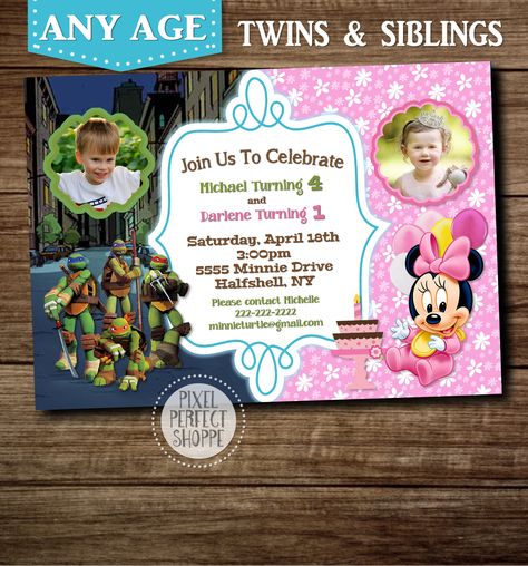 Ninja Turtles and Minnie Mouse baby birthday invitation for boys and girls, brother and sister, twins, siblings, friends, or for those wanting two themes on one card. Sister Birthday Party, Template For Invitation, Minnie Invitations, Birthday Invitation Message, Sibling Birthday Parties, Navy Birthday, Minnie Mouse Baby, Baby Birthday Invitations, Cars Birthday Party Disney