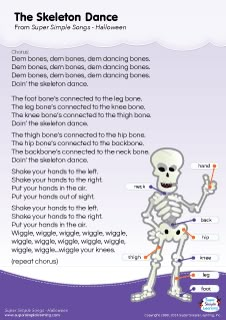 Lyrics poster for The Skeleton Dance Halloween song from Super Simple Learning. #kidssongs #kindergarten #ESL Makeup Mexican, The Skeleton Dance, Kindergarten Esl, Skeletons Halloween, Classroom Songs, Kindergarten Songs, Songs For Toddlers, Super Simple Songs, Fall Songs