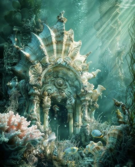 Mermaid City Concept Art, Magical Underwater World, Mermaid Cove Aesthetic, Underwater Ballroom, Underwater City Concept Art, Fantasy Ocean Art, Mermaid City, Underwater Fairy, Underwater Castle