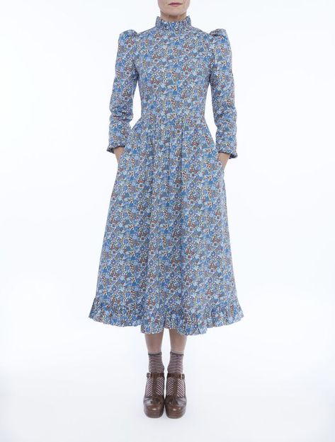 O Pioneers Clara Dress Willow Blue and Rust Floral Liberty Print Dress, Small But Mighty, Calf Length Dress, Blue Floral Dress, Prairie Dress, 60s Fashion, Dress Outfit, Trending Dresses, Flower Dresses