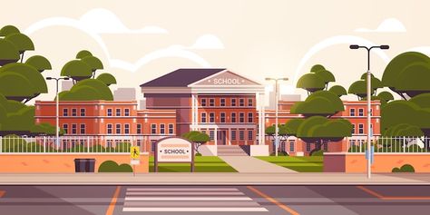 School building empty front yard with gr... | Premium Vector #Freepik #vector #lesson #education #study #school-education School Building Animation, School Cartoon Building, School Building Illustration, Art School Aesthetic, Cityscape Background, Abstract House, Animation Schools, Gacha Background, School Hallway