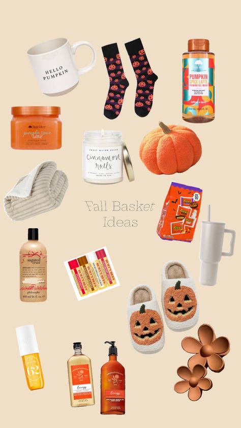 Everything you need to have an amazing fall season Fall Birthday Present Ideas, Fall Gift Basket Ideas College, Fall Birthday Gift Basket, Fall Season Gift Cap, Autumn Gift Basket Ideas, Pumpkin Spice Themed Gifts, Bae Baskets, Fall Basket Ideas, Fall Collage