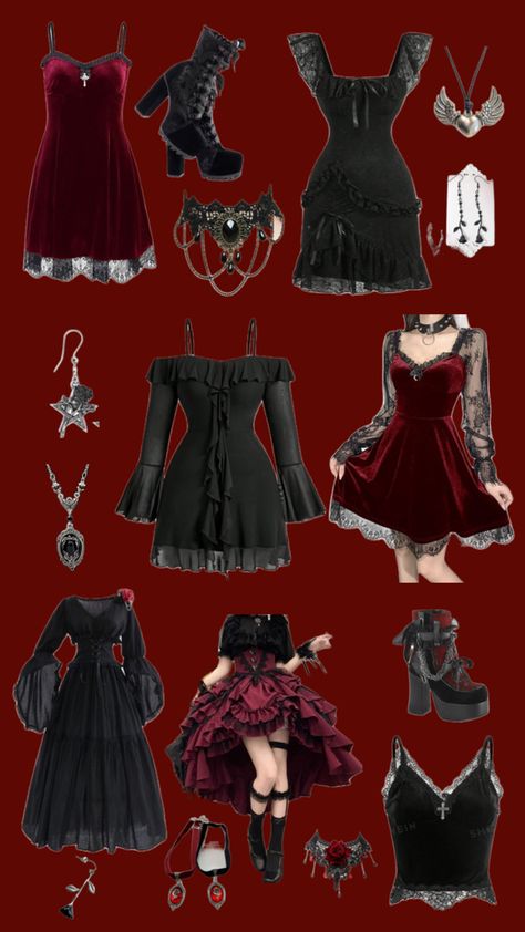 Outfit Ideas/inspo for all of my romantic goths out there!!🖤 Romantic Alt Outfits, Vampire Goth Women, Vampire Aesthetic Outfit Woman, Gothic Romantic Outfits, Goth Valentines Outfit, Goth Mommy Outfits, Goth Romantic Outfit, Whimsi Gothic Outfits, Goth Valentines Day Outfit