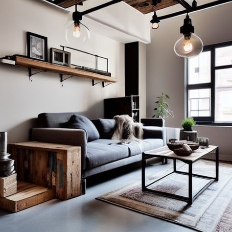 Minimalist Living Room Industrial, Industrial Living Room Interior Design, Living Room Inspo Industrial, Modern Industrial Lounge Room, Modern Minimal Living Room Ideas, Small Living Room Ideas Industrial, Rustic Minimal Living Room, Men’s Living Room Apartment, Industrial Beige Living Room