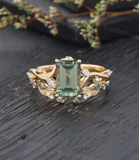 Emerald Cut Green Sapphire Engagement Ring Set 14k Gold Vintage Moss Agate Wedding Band Marquise Cut Diamond Bridal Promise Anniversary Ring - Etsy Cottagecore Engagement Ring, Green Stone Engagement Ring, Best Believe I'm Still Bejeweled, Moss Agate Wedding Band, Wedding Band Marquise, Sapphire Engagement Ring Set, Agate Wedding, Green Sapphire Engagement, Green Sapphire Engagement Ring