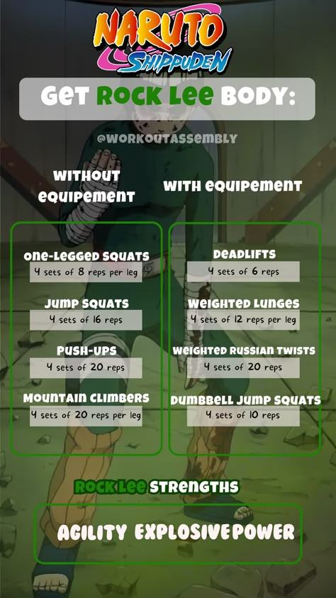 Embody the strength, agility, and speed of Rock Lee from Naruto with this focused workout routine. Develop powerful legs, a strong core, and upper body endurance with a mix of bodyweight and weighted exercises. Push your limits and train like a true ninja warrior!   Rock Lee workout, Naruto fitness, ninja training, agility exercises, leg strength, core workout, explosive power, anime-inspired fitness, functional training, martial arts fitness. Naruto Workout Routine, Explosive Strength Workout, Anime Leg Workout, Anime Inspired Workouts, Rock Lee Workout, Rock Lee Training, Workouts Anime, Anime Workout Routine, Naruto Workout