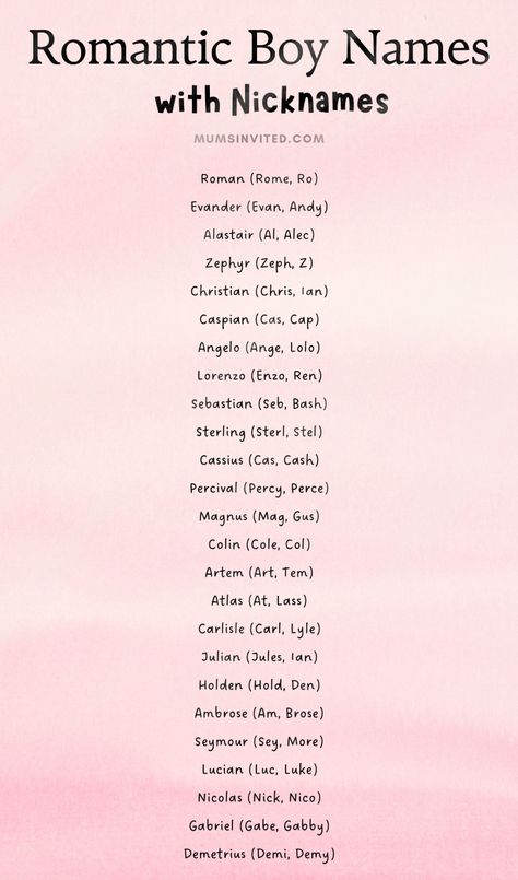 Find the perfect romantic baby boy name with nickname for your characters in this extensive list. Includes rare, handsome, & timeless old fashioned names as well as dreamy, modern boy names. Get writing inspiration for male characters & Rp Boy Names. Discover cool boy names with cute nicknames. Whether you need handsome, classy, unisex, or cool vintage names this list has over 70 options. From timeless choices to unique picks, it's full of the best character names. Character Names With Nicknames, Fantasy Nicknames, Best Character Names Male, Romantic Boy Names, Pretty Male Names, Vintage Names Boy, Boy Names For Characters, Pretty Names For Boys, Ethereal Names For Boys