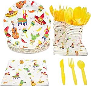 BLUE PANDA 144 Piece Let's Fiesta Dinnerware Set for Cinco de Mayo Party Supplies, Taco Tuesday Decorations (Serves 24) Fiesta Party Supplies, Mexican Fiesta Party, Fiesta Birthday Party, Mexican Birthday, Fiesta Party Decorations, Fiesta Theme Party, Taco Party, Fiesta Dinnerware, Fiesta Birthday