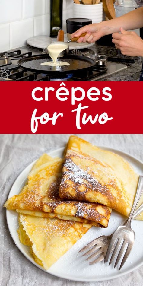 Easy crepe recipe for two! Small batch crepes recipe makes just 4 crepes. Perfect if you're new to crepes! This recipe can be doubled. Crepe recipe for two. Easy Crepe Recipe For One, Crepe For One, Making Crepes Video, Crepe Recipe For Two, Small Batch Crepes, Crepes For One, Crepes Recipe Easy, Cooking For Two Recipes, Tables For Two