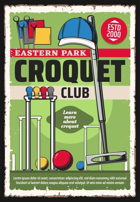 Croquet game sport club tournament Croquet Illustration, Croquet Party Invitations, Vintage Croquet Aesthetic, Croquet Game Lawn, Croquet Game, Sport Club, Sports Clubs, Vector Clipart, Clip Art