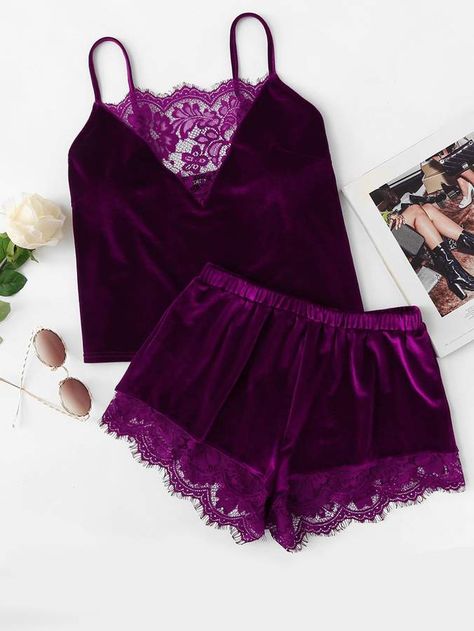 Cute Pyjama, Velvet Cami Top, Summer Sleepwear, Velvet Cami, Mode Turban, Cute Sleepwear, Short Pj Set, Burgundy Lace, فستان سهرة