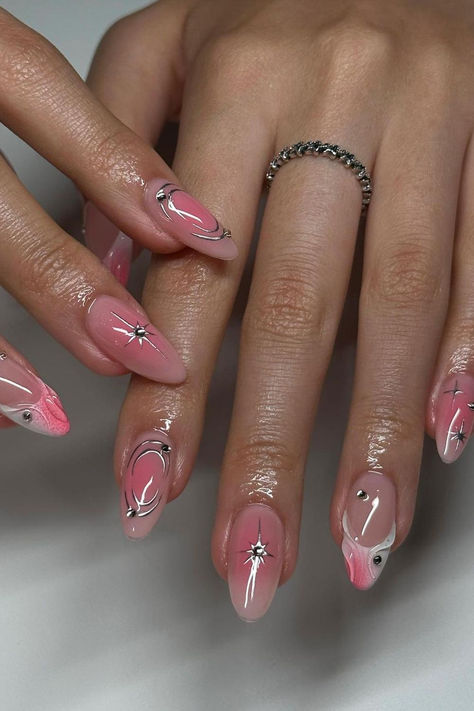 Glamorous Almond Nails in Ballet Pink with Ethereal Pastel Pink Aura and Shimmering Silver Accents ✨ // Photo Credit: Instagram @kimchisnails Cute Office Nails, Cool Pink Nail Designs, Summer Nail 2024 Trends Almond, Nails Almond Trendy, Aura Nails Pink, Silver And Pink Nails, Almond Nails Trendy, Eyeshadow Nails, Cute Nail Art Ideas