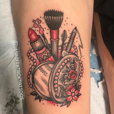 Make Up Artist Tattoos Ideas, Beautician Tattoo, Cosmetology Tattoos, Makeup Artist Tattoo, Bottle Tattoo, Artist Tattoo, Tattoo Designs For Girls, Body Is A Temple, Makeup Tattoos