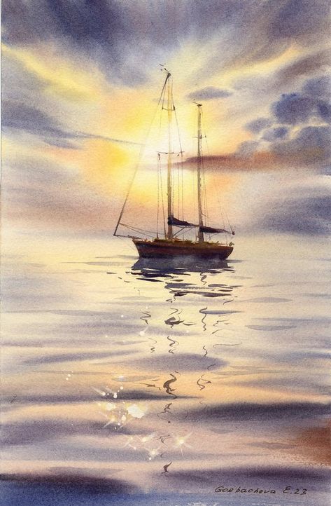 Eugenia Gorbacheva - Paintings for Sale | Artfinder Eugenia Gorbacheva, Boat Watercolor Painting, Watercolour Sunset, Ship Watercolor, Sunset Watercolor Painting, Boat Watercolor, Watercolor Boat, Sunset Watercolor, Canvas Art Projects