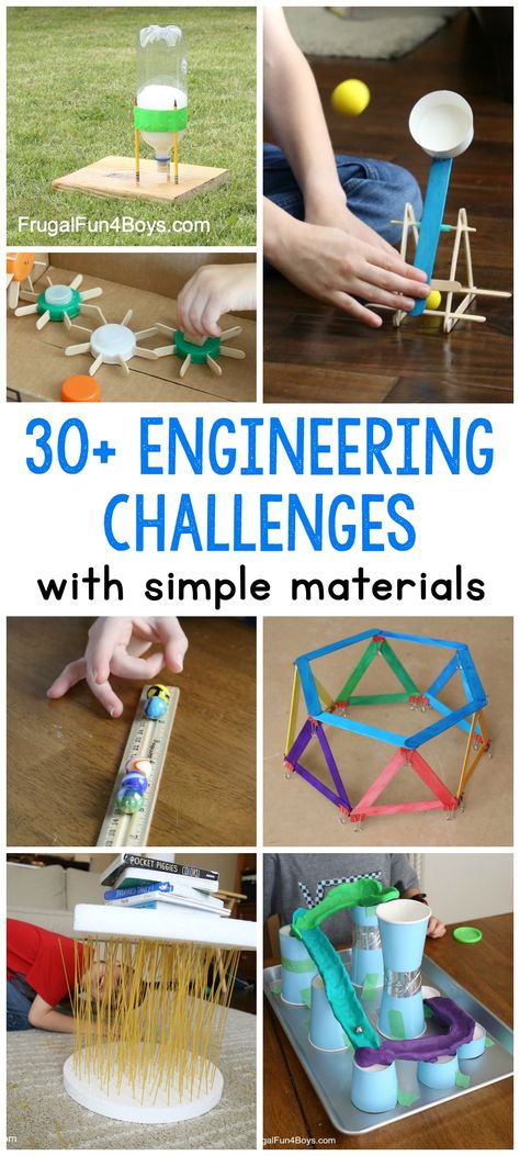 30+ Awesome STEM Challenges for Kids (with Inexpensive or Recycled Materials!) - Frugal Fun For Boys and Girls Stem Challenges For Kids, Diy Stem Projects, Challenges For Kids, Engineering Challenges, Stem Projects For Kids, Stem Engineering, Steam Ideas, Engineering Activities, Kid Science