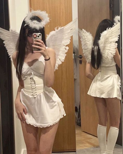 Angle Outfit Halloween, Angle Dress Costume, Angel Coustems, Cherub Halloween Costume, Rave Angel Outfit, Angle Costume Aesthetic, Angel Themed Outfits, Angle Core Outfit, Angle Costume Halloween