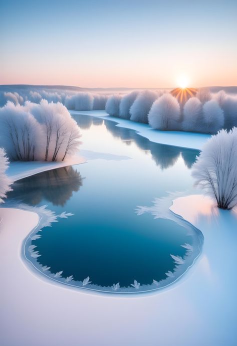 The frozen lake or pond in the picture is a serene and tranquil sight. Captured by a high-resolution drone camera, the aerial perspective highlights the intricate patterns of ice formations, providing a unique bird's-eye view of the frozen landscape. The soft hues of dawn add a touch of magic to the scene, as the gentle light of the rising sun bathes the surroundings, creating an ethereal ambiance. It's a breathtaking view that invites you to immerse yourself in the beauty of nature. Frozen Landscape, Ice Formations, Aerial Perspective, The Rising Sun, Frozen Lake, Rising Sun, Birds Eye View, Drone Camera, Birds Eye