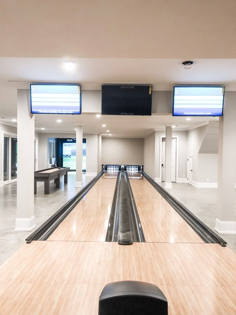 At Home Bowling Alley, Indoor Bowling Alley Home, Residential Bowling Alley, Bowling Alley In House, Shuffle Board Table, Indoor Bowling Alley, Garage Showroom, Game Lounge, Home Bowling Alley