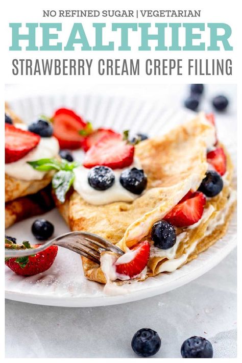 This easy strawberry cream cheese crepe filling is incredibly creamy and a healthier alternative to the usual whipped cream filling. Made with cream cheese, Greek yogurt, strawberry chia jam and fresh berries, it’s perfectly sweet and delicious. Serve this healthy crepe filling in breakfast or dessert crepes! Crepe Filling Ideas Breakfast, Strawberry Crepe Filling, Crepe Filling Recipe, Crepe Recipe Filling, Cream Cheese Crepe Filling, Healthy Crepe Recipes, Strawberry Crepes Recipe, Crepe Filling, Berry Cream Cheese