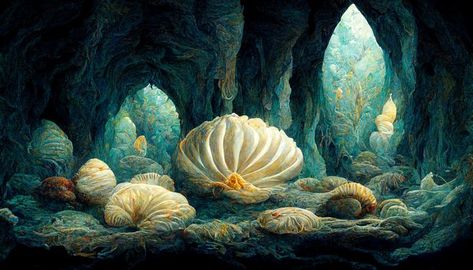 deep sea cave. shell. fantasy. by tapestry. Underwater Caves, Sea Cave, Fantasy Homes, The Shining, Underwater World, Deep Sea, Sea Shells, Fantasy Art, Coloring Books