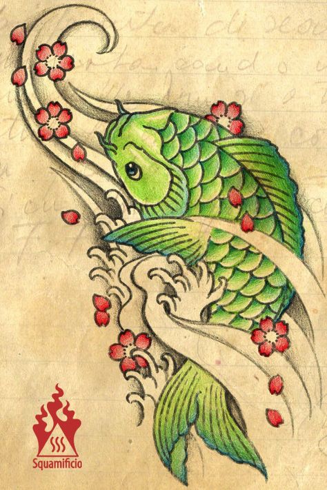 green koi carp sakura Green Koi Fish Tattoo, Igor Tattoo, Tattoo Memorial, Carp Tattoo, Koi Tattoo Design, Coy Fish, Green Tattoos, Carp Fish, Koi Tattoo