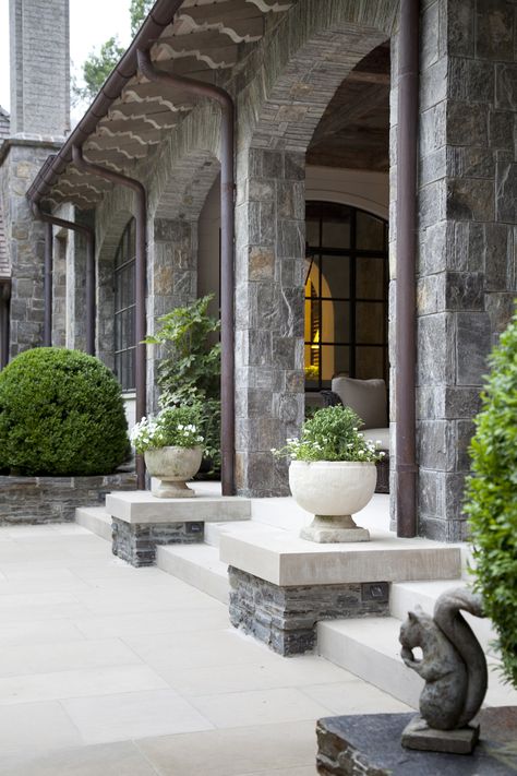 Loggia at Greystone Cottage by Howard Design Studio. Stone Steps, Tuscan Design, Stone Columns, Mediterranean Decor, Outside Living, Building Ideas, Architecture Exterior, Book Blogger, Nassau