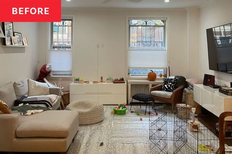 Before and After: How To Get a Playroom in Your Living Room without Sacrificing Style (and Everything Else) Cluttered Living Room, Nyc Living Room, Stylish Playroom, Playroom/living Room, Family Living Room, Living Room Playroom, Nyc Living, Kids Living Rooms, Sage Green Wallpaper