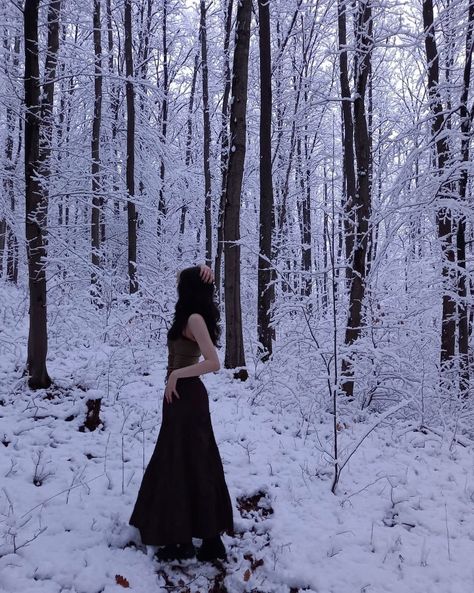 Snowy Forest Photoshoot, Dark Winter Photoshoot, Goth Winter Aesthetic, Senior Picture Ideas Winter, Snow Pic Ideas, Snow Queen Aesthetic, Snow Picture Ideas, Winter Vampire, Snow Photoshoot Ideas