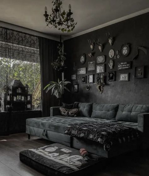 Cosy Gothic Living Room, Gothic Themed Living Room, Modern Gothic Farmhouse Kitchen, Simple Gothic Home Decor, Gothic Living Room Ideas Modern, Goth Home Aesthetic Victorian, Dark Gothic Home Aesthetic, Soft Goth Living Room, Goth Modern House