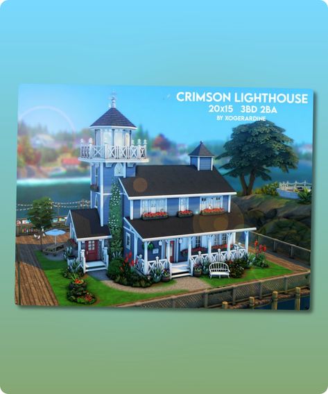 Sims 4 House CC: Crimson Lighthouse By Xogerardine Sims Lighthouse, Brindleton Bay Sims 4, Sims 4 Brindleton Bay House, Brindleton Bay House, Mediterran House, Sims 4 House Cc, Brindleton Bay, The Sims 4 Lots, Sims 4 Lots