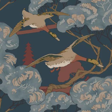 Grand Flying Ducks - Red/Blue | Kravet #traditionalhome #traditionalhomeinteriors #colorfulecclectichome #wallpaperinsp #walltexturedesign #cozyhouse #wallmurals Ducks Wallpaper, Flying Ducks, 1920s Design, Duck Wallpaper, Charcoal Wallpaper, Mulberry Home, Nina Campbell, Matching Paint Colors, Wallpaper Direct